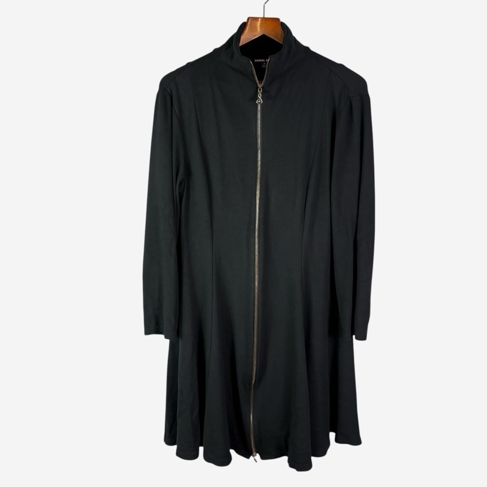 Samuel Dong Knit Flared Swirl Dress Or Duster Size M Full Zip Front Black